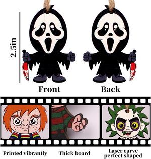 "Spooktacular Wooden Horror Movie Ornaments - Set of 10"