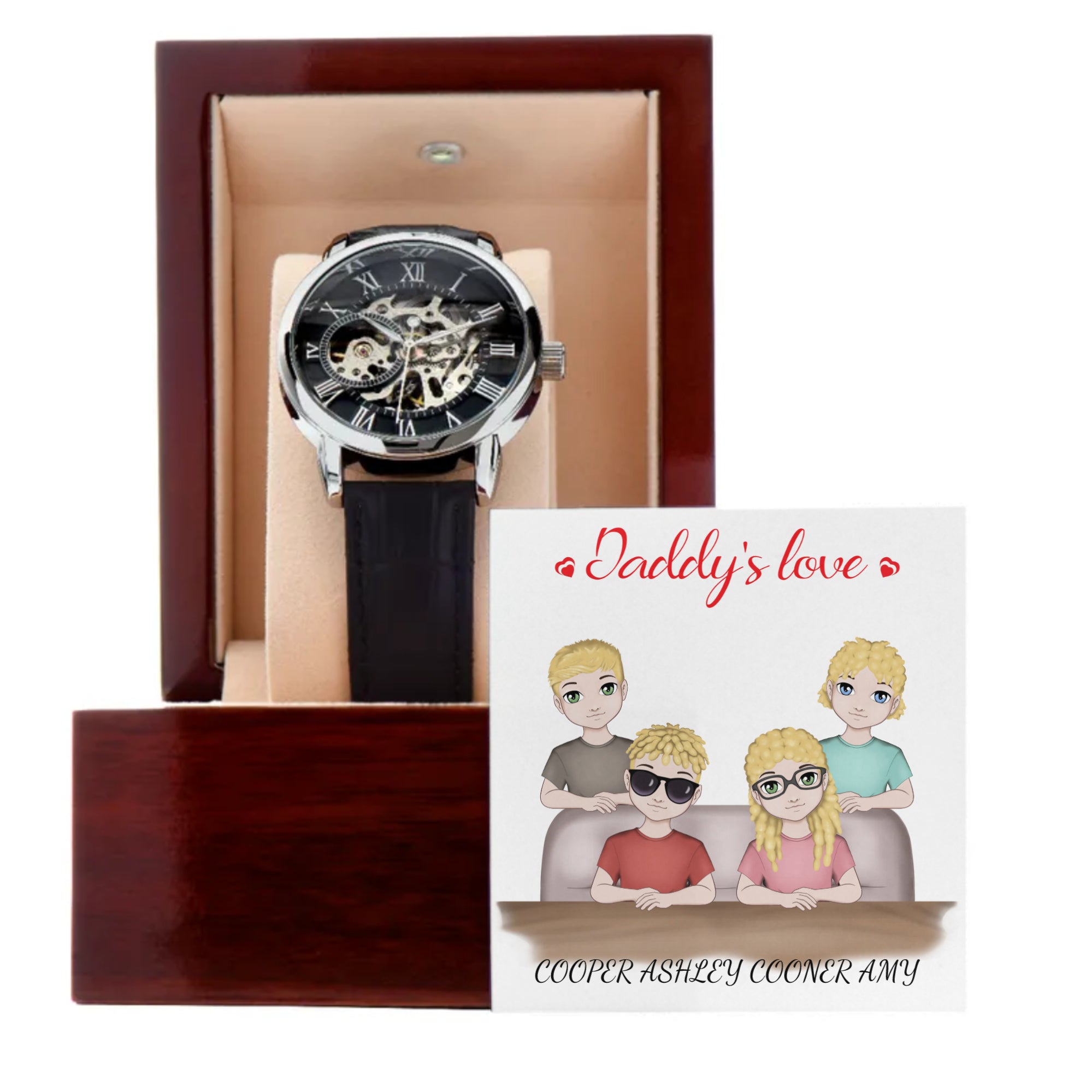 PERSONALIZED MEN'S OPENWORK WATCH DADDY'S LOVE CARD ADD UP TO FOUR KIDS ON THE CARD