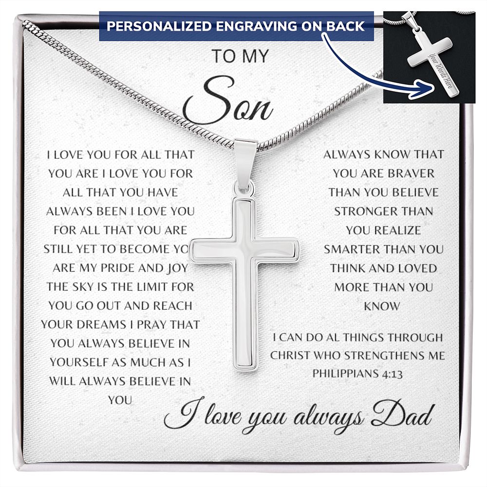 TO MY SON WHITE MESSAGE/CROSS NECKLACE DAD